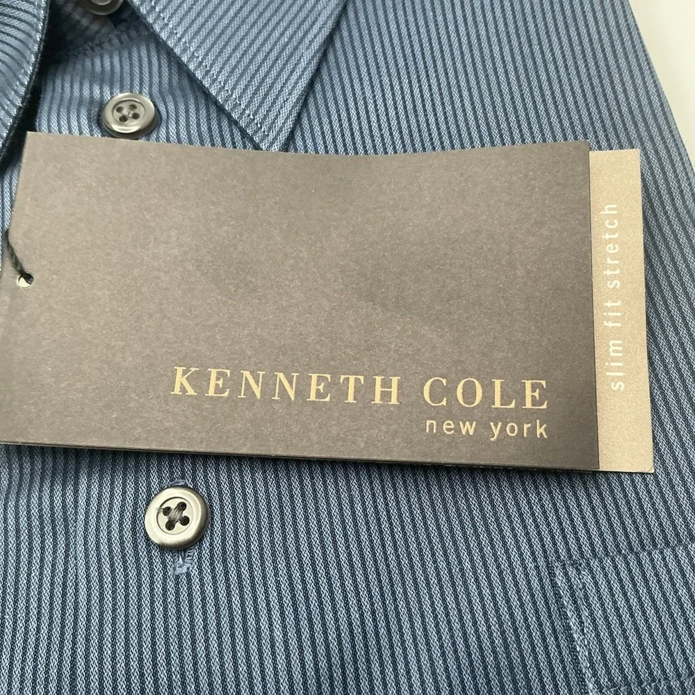 NWT Kenneth Cole NY Slim Fit Stretch Blue Dress Shirt L 16.5 33/33 Black Stripes